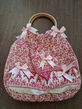 Kashmere Floral Tote Bag Pink White Cotton Wooden Handles Cottagecore Purse